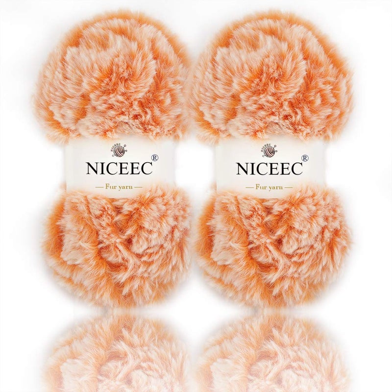 NICEEC 2 Skeins Faux Fur Yarn Super Soft, Chunky & Fluffy, Eyelash Yarn for Crochet & Knitting (Total Length 70yds,3.53oz) - Orange - Image 1